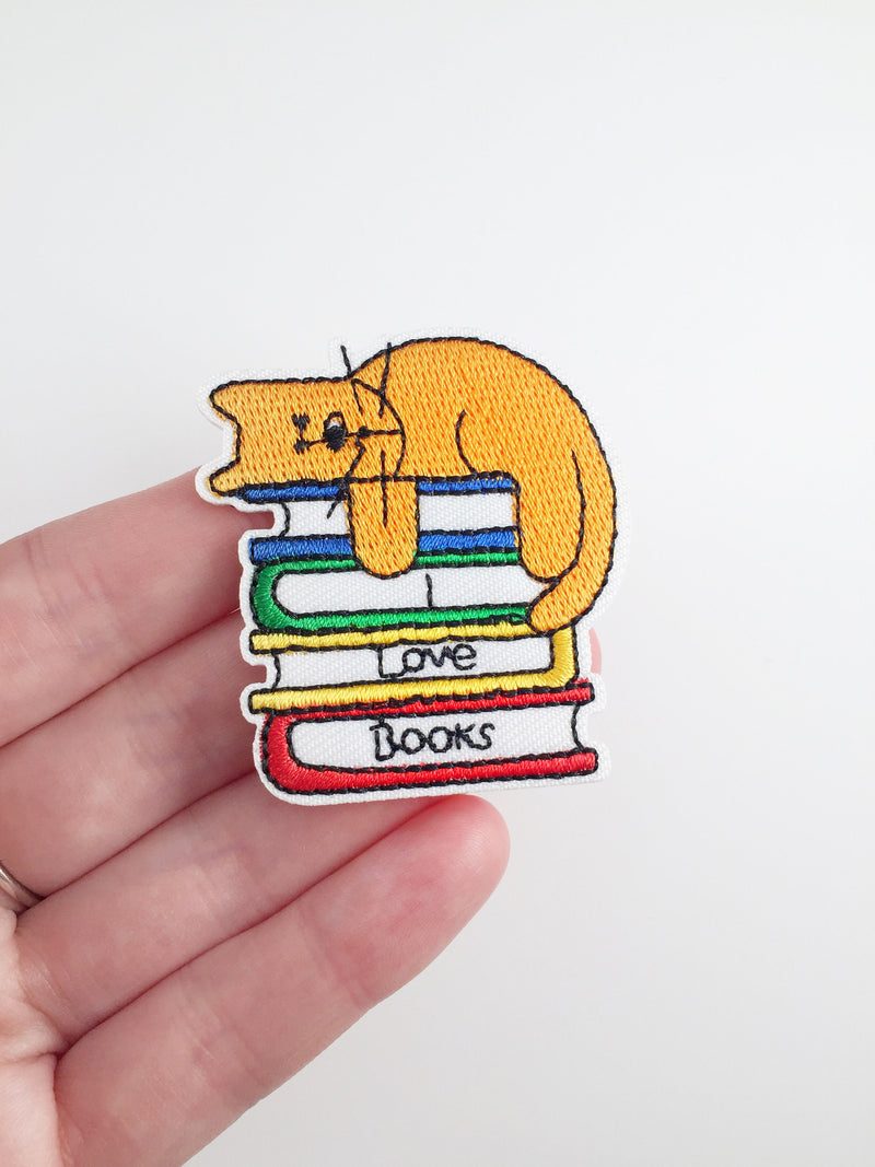 I Love Books Iron-on Patch, Reader's and Cat Lover Badge