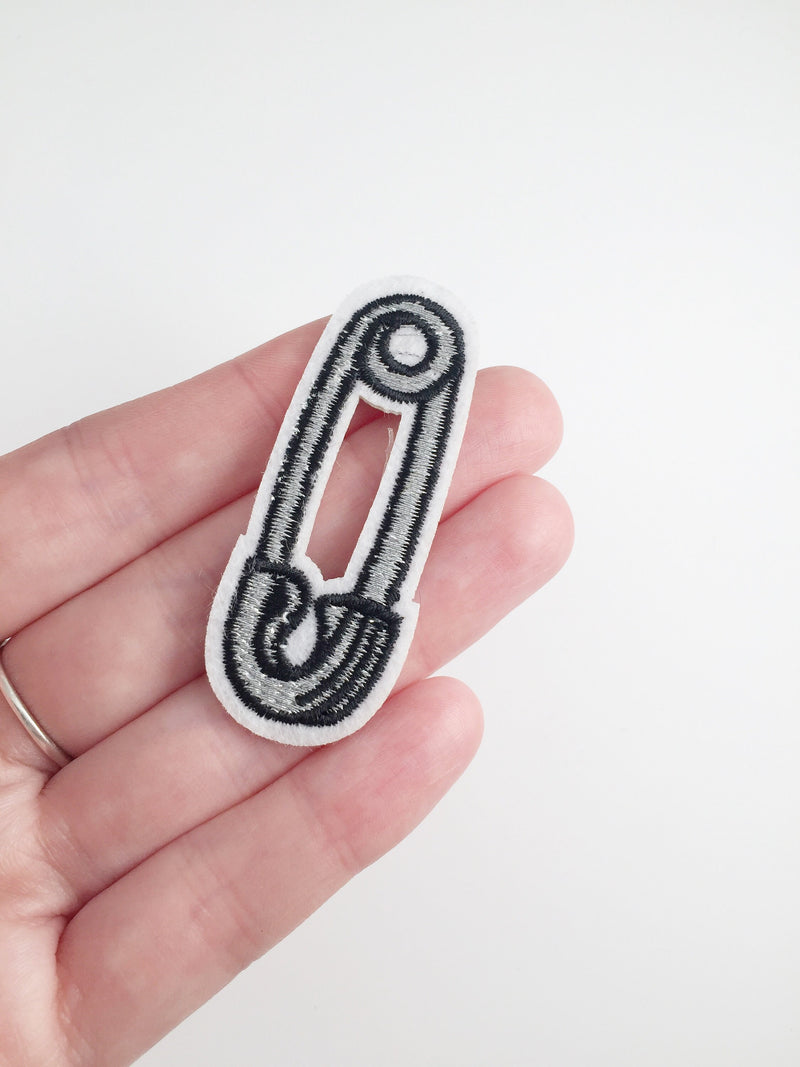 Silver Safety Pin Iron-on Patch, Embroidered Safety Pin Badge