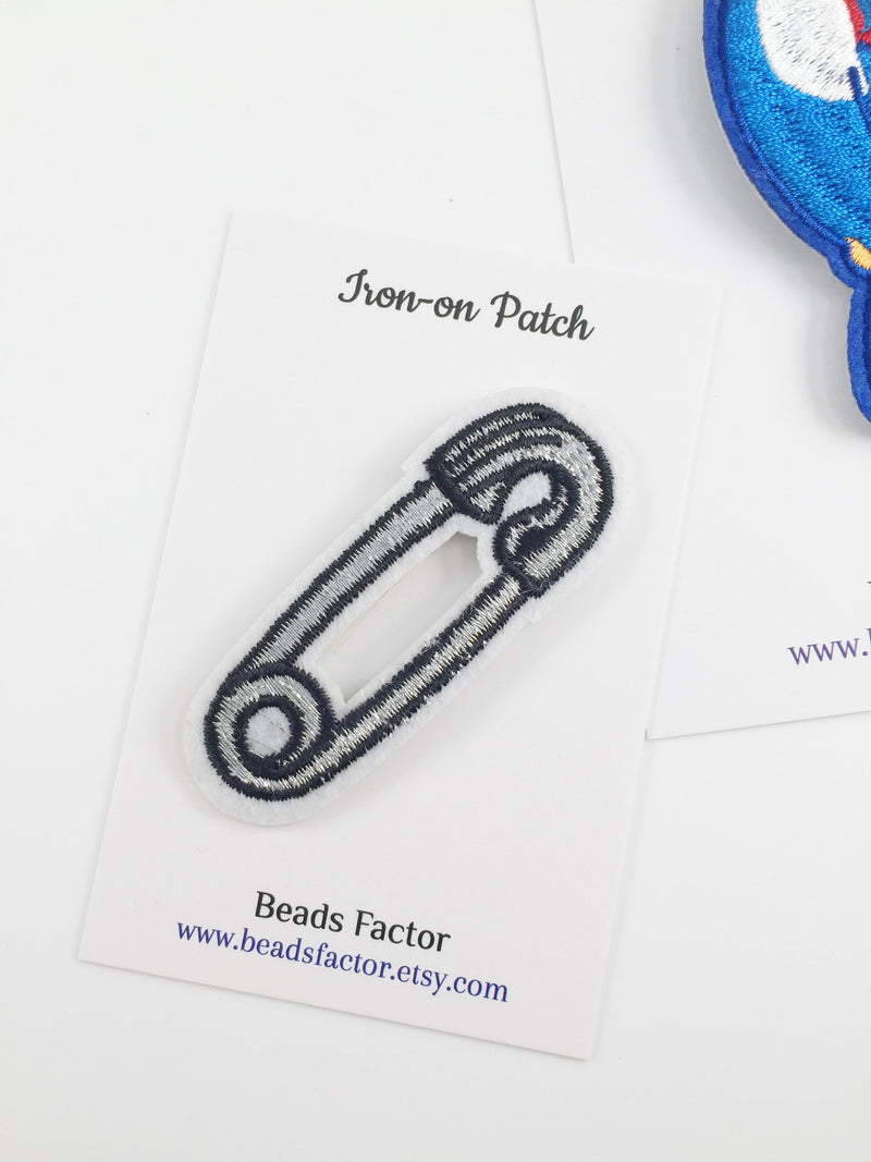 Silver Safety Pin Iron-on Patch, Embroidered Safety Pin Badge