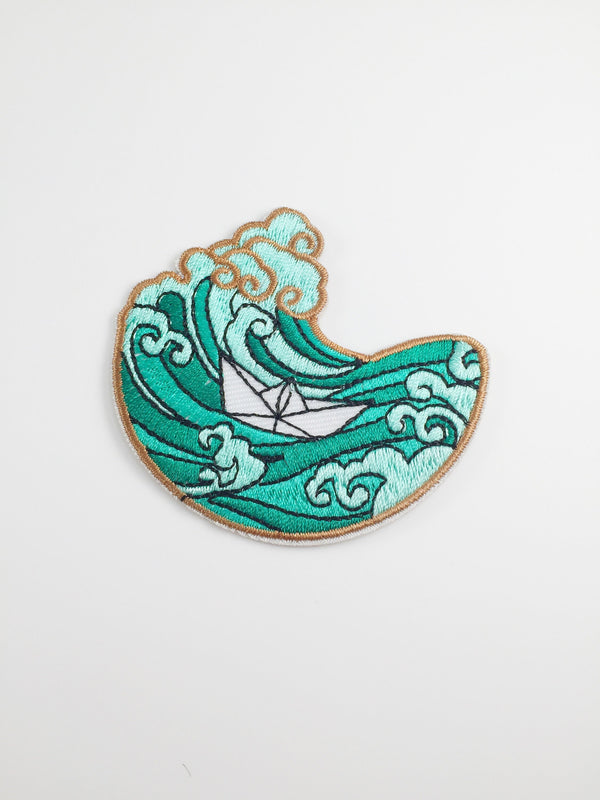 Ocean Wave Iron-on Patch, Paper Boat Embroidery Applique