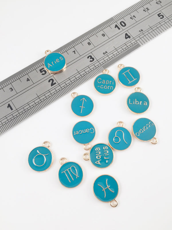 12 x Teal Enamel Gold Plated Zodiac Sign Charms, 15x12mm (1849)