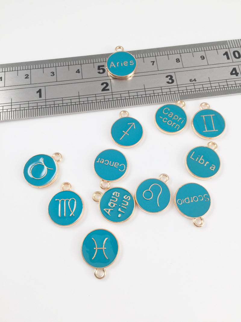 12 x Teal Enamel Gold Plated Zodiac Sign Charms, 15x12mm (1849)