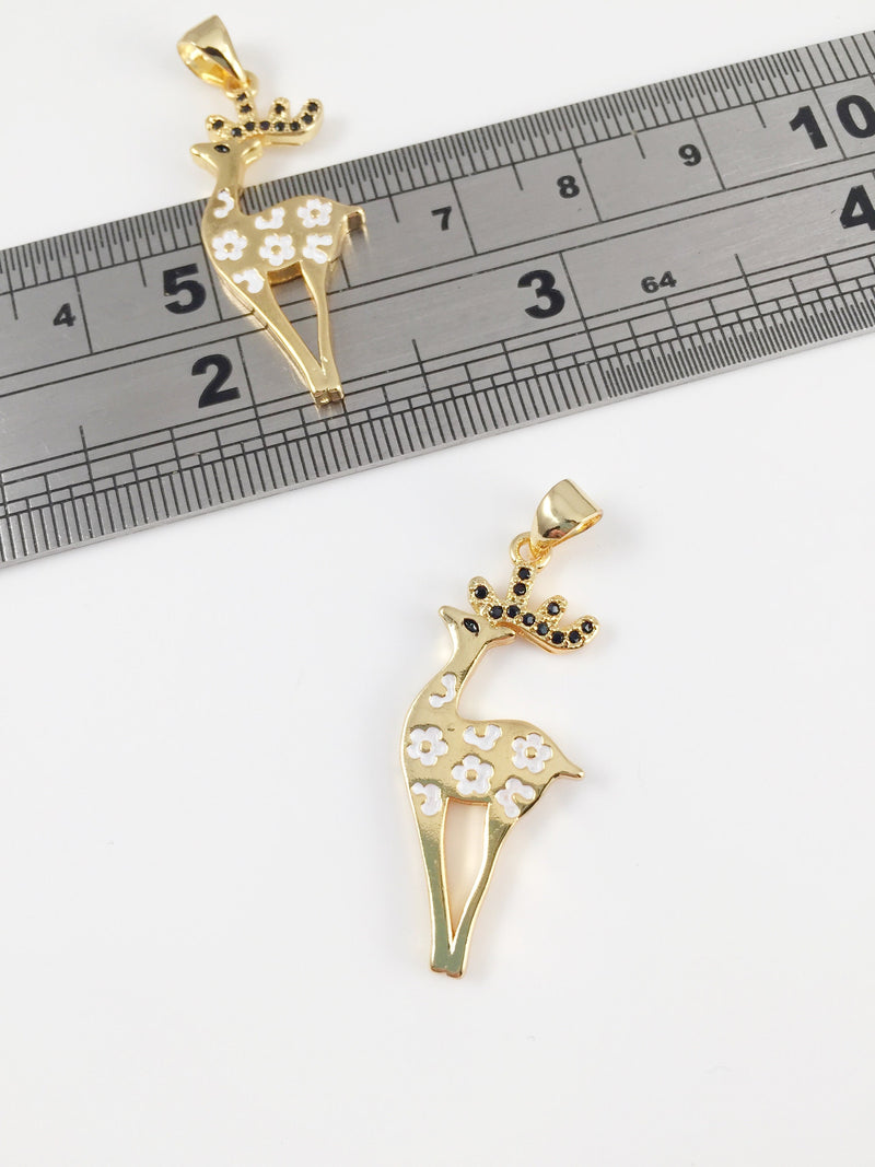 1 x 18K Gold Plated Deer Charm with Cubic Zrconia, 34x13mm (0061)