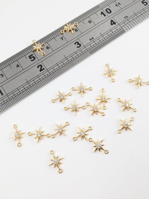 2 x 18K Gold Plated Tiny CZ Star Connectors, 12x8mm (0078)