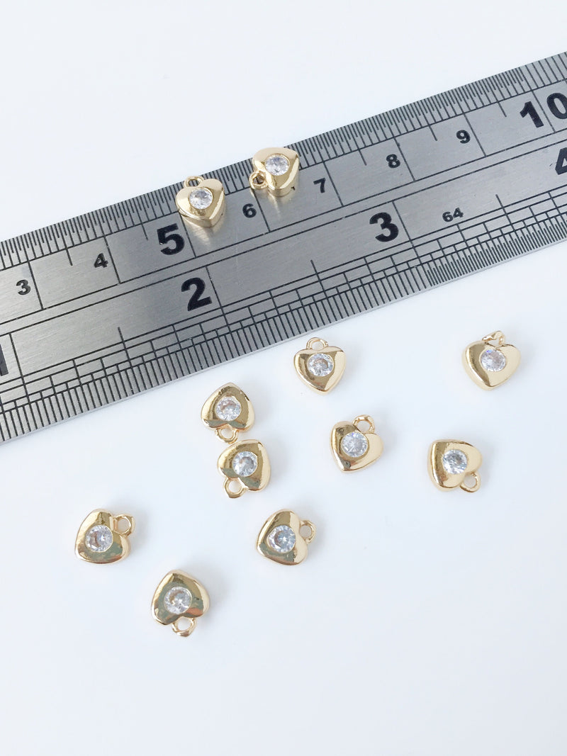 4 x Dainty Gold Plated Heart Pendants, Heart Charms with Cubic Zirconia, 7.5x6mm (2245)