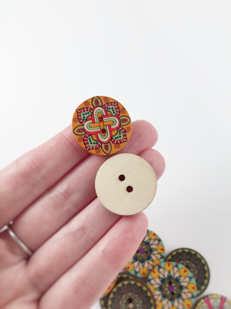 20 x Colourful Printed Wooden Buttons, 24mm