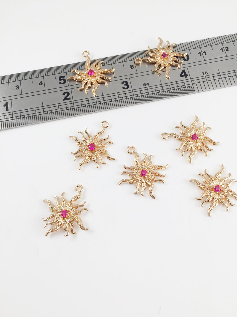 1 x 24K Gold Plated Ruby Crystal Sun Charms, 23x21mm (0100)