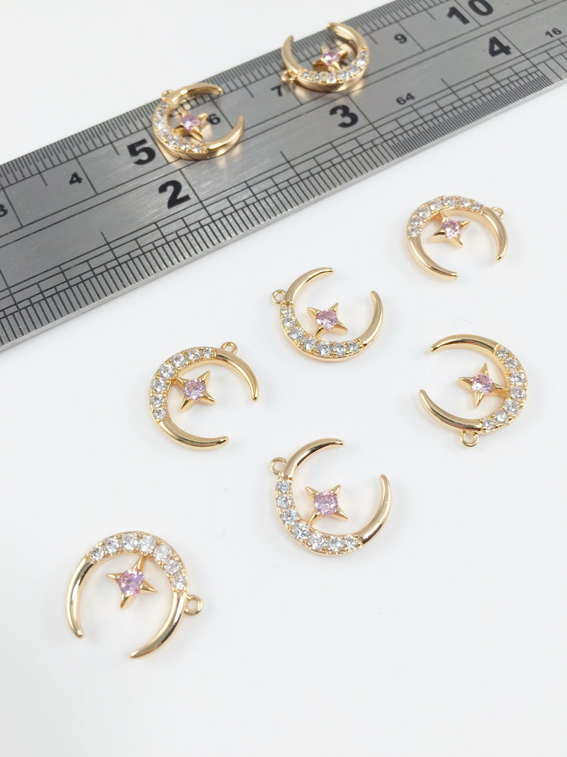 1 x 18K Gold Plated Crescent Moon and Star Charms with Pink Cubic Zirconia, 13.5x12mm (0207)