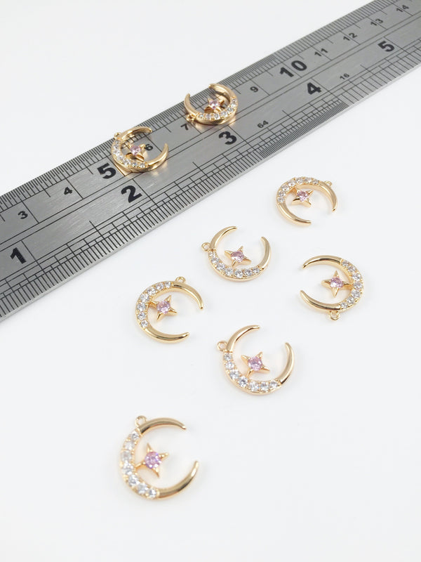 1 x 18K Gold Plated Crescent Moon and Star Charms with Pink Cubic Zirconia, 13.5x12mm (0207)