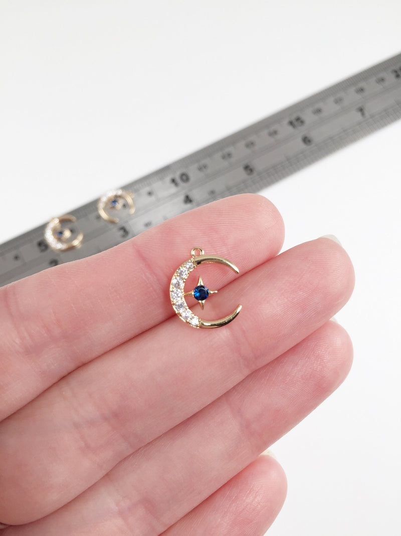 1 x 18K Gold Plated Crescent Moon and Star Charm with Sapphire Blue Cubic Zirconia, 13.5x12mm (0210)