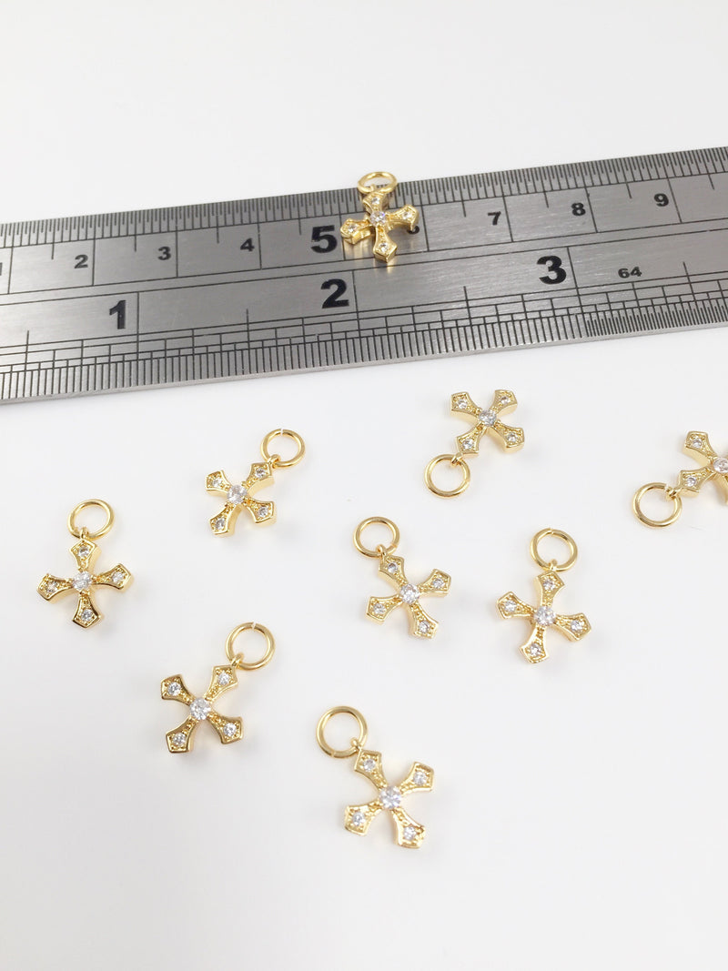 1 x Tiny 18K Gold Plated Cross Charms with Cubic Zirconia, 11x10mm (0264)