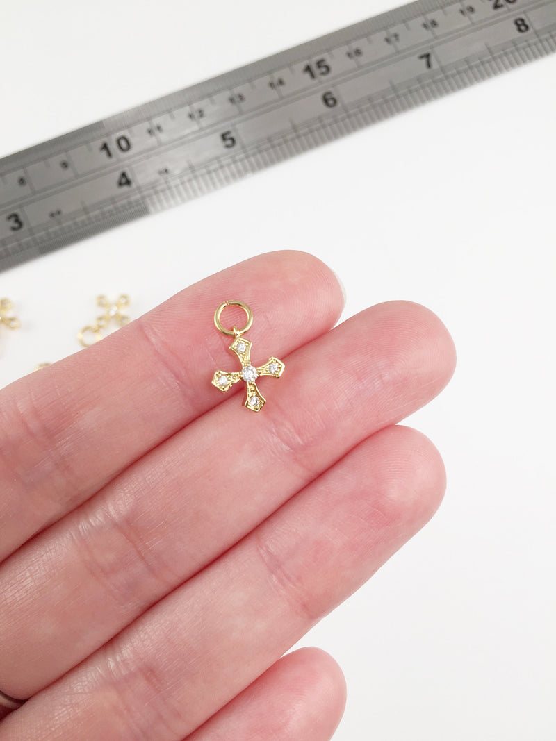 1 x Tiny 18K Gold Plated Cross Charms with Cubic Zirconia, 11x10mm (0264)