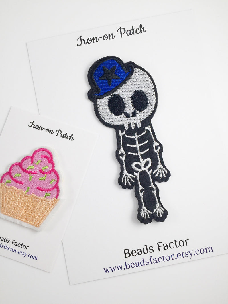 Skeleton Boy Iron-on Patch, Embroidered Skeleton Badge