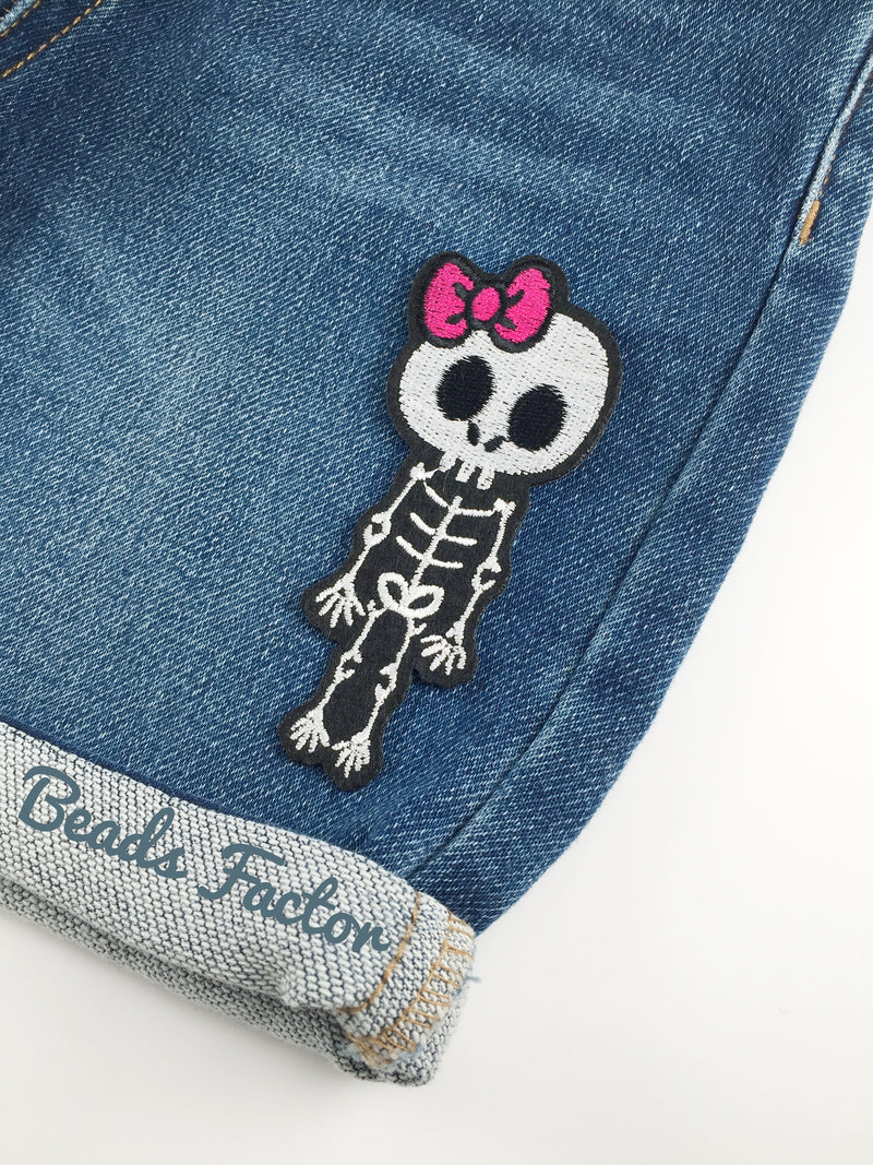 Skeleton Girl Iron-on Patch, Embroidered Skeleton Applique