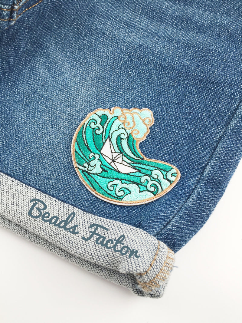 Ocean Wave Iron-on Patch, Paper Boat Embroidery Applique