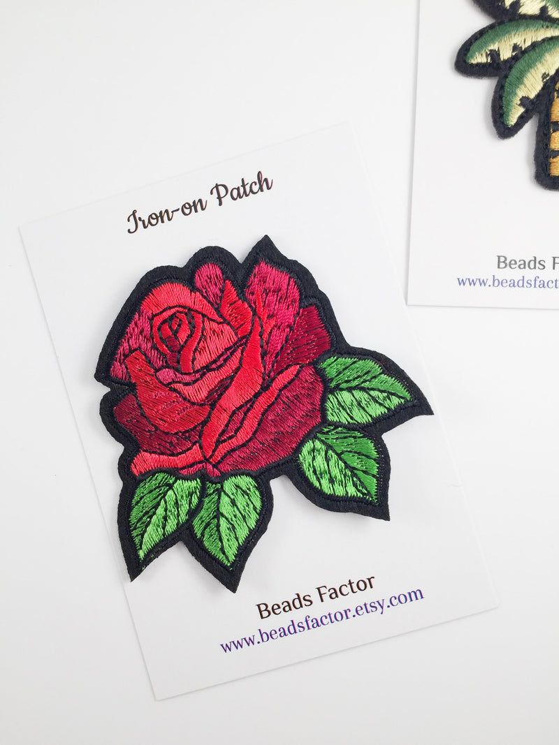 Red Rose Iron-on Patch, Embroidered Rose Badge