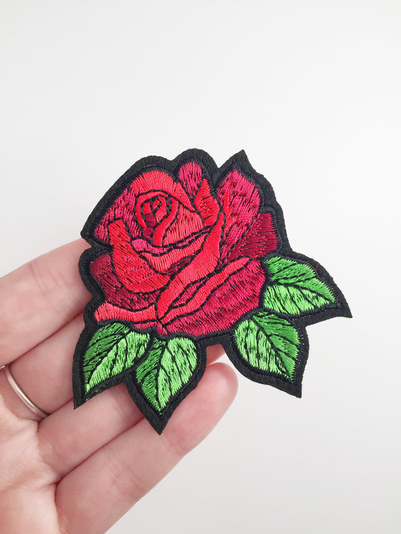 Red Rose Iron-on Patch, Embroidered Rose Badge