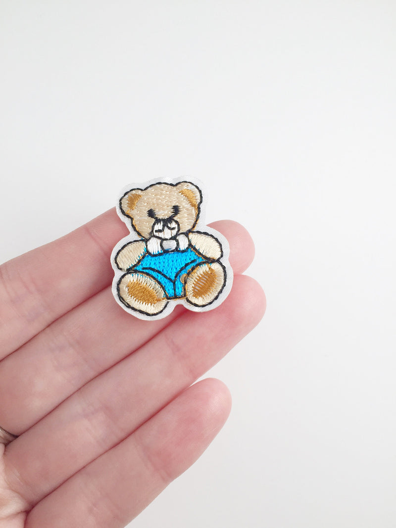 Tiny Blue Teddy Bear Iron-on Patch, Cute Bear Boy Badge