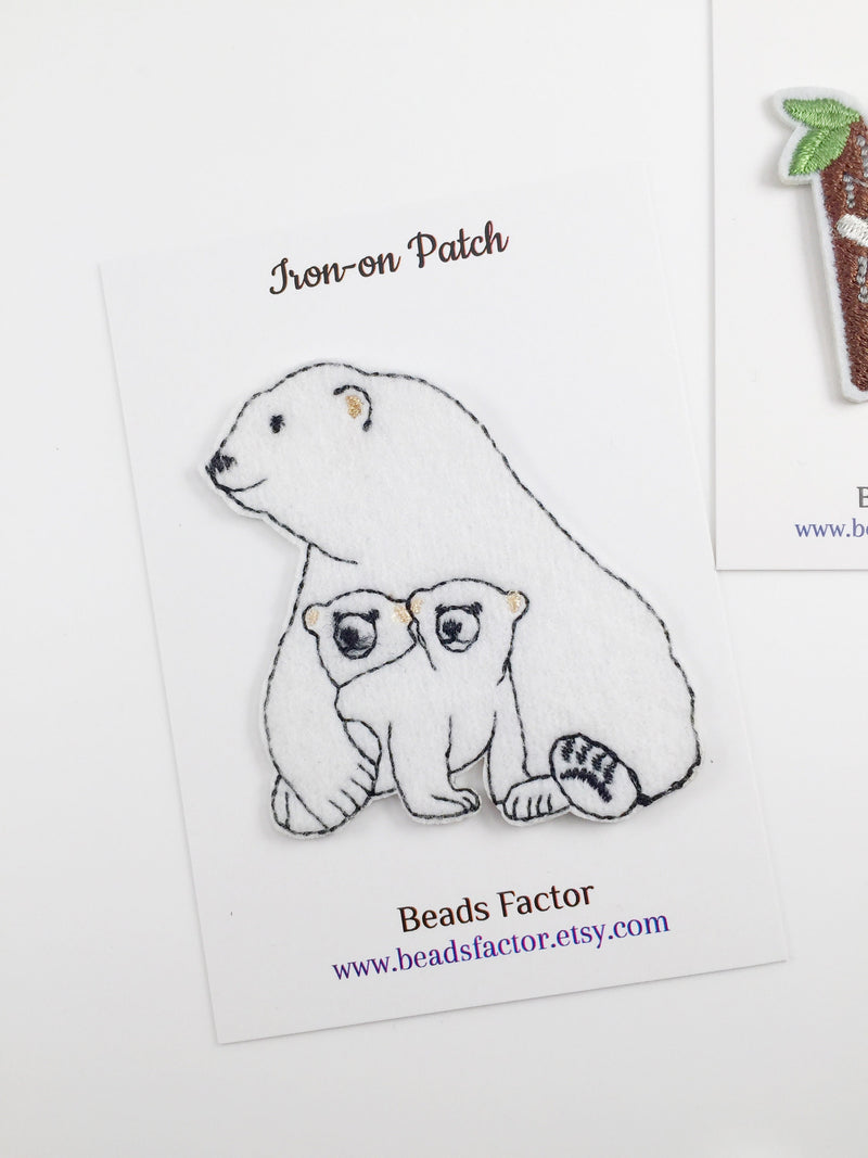 Polar Bear Iron-on Patch, Embroidered Mama and Baby Bears Applique (P090)