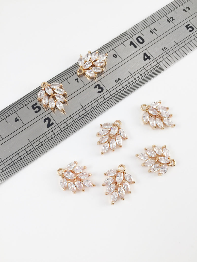 1 x 24K Gold Plated Leaf with Cubic Zirconia Charms, 16x12mm (0002)