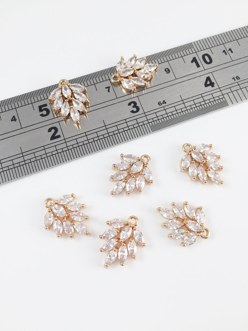 1 x 24K Gold Plated Leaf with Cubic Zirconia Charms, 16x12mm (0002)