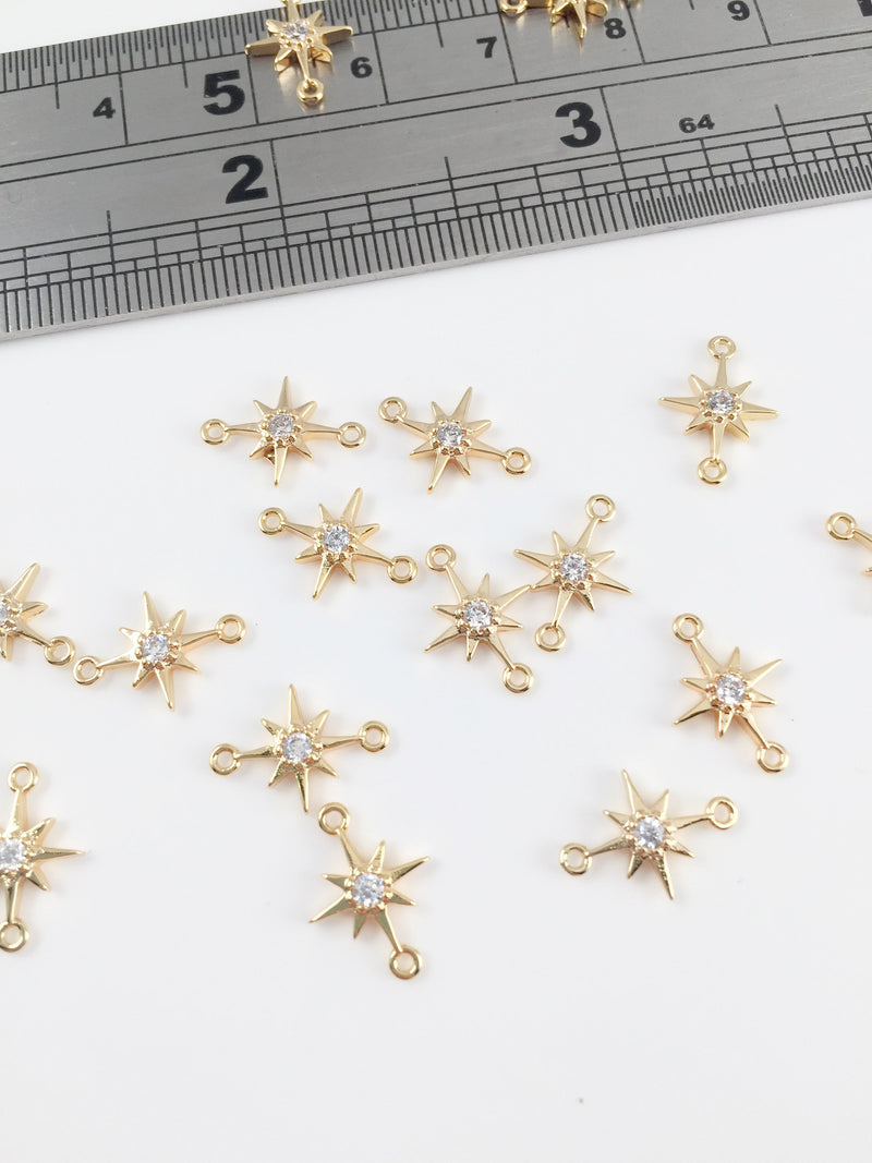 2 x 18K Gold Plated Tiny CZ Star Connectors, 12x8mm (0078)