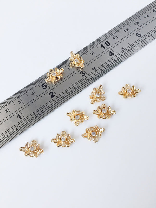 2 x 24K Gold Plated Lotus Flower Links with Cubic Zirconia, 15x10.5mm (1479)