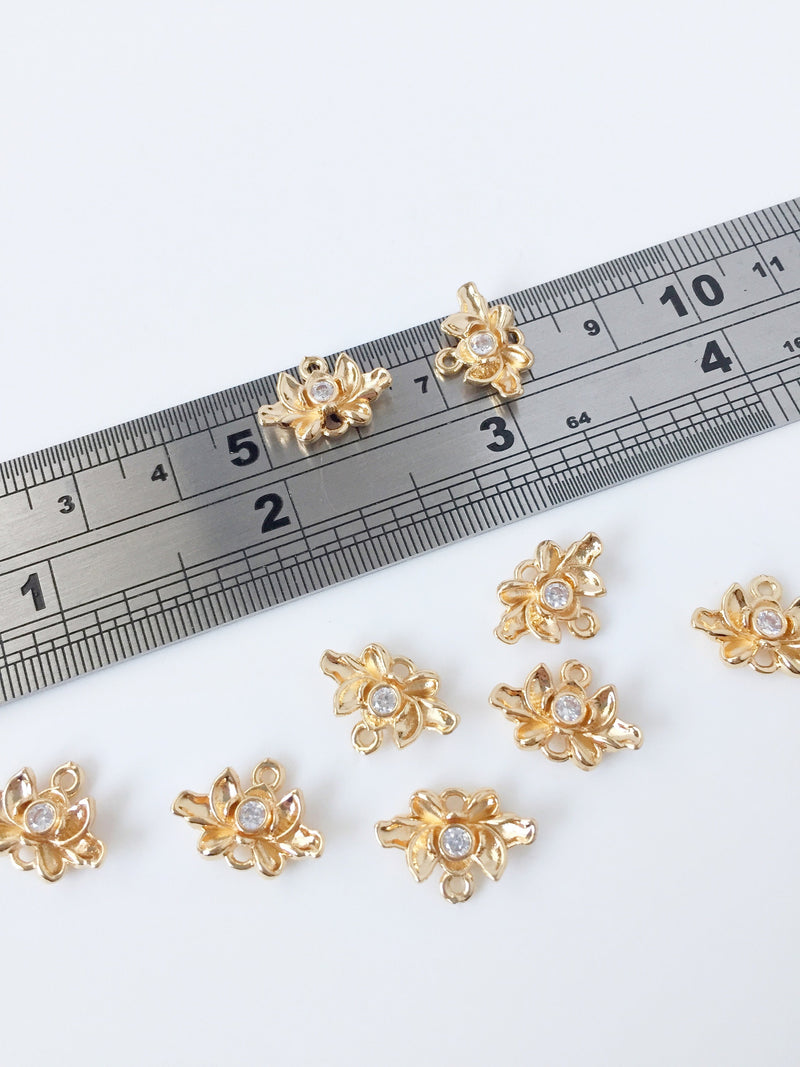 2 x 24K Gold Plated Lotus Flower Links with Cubic Zirconia, 15x10.5mm (1479)