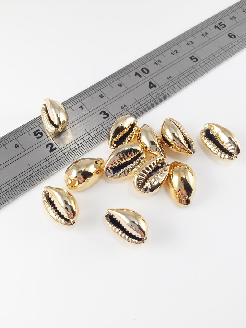 6 x Gold Cowrie Shell Charms, Electroplated Natural Shell Beads (1887)