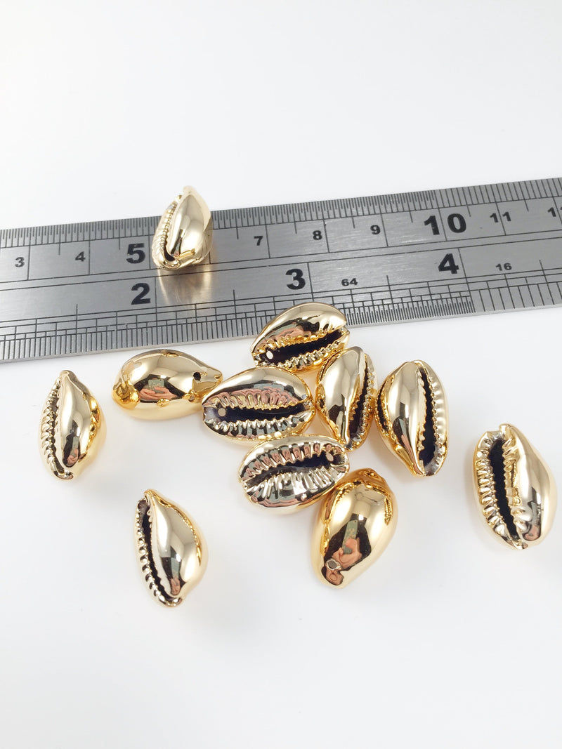 6 x Gold Cowrie Shell Charms, Electroplated Natural Shell Beads (1887)