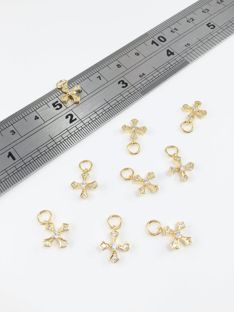 1 x Tiny 18K Gold Plated Cross Charms with Cubic Zirconia, 11x10mm (0264)