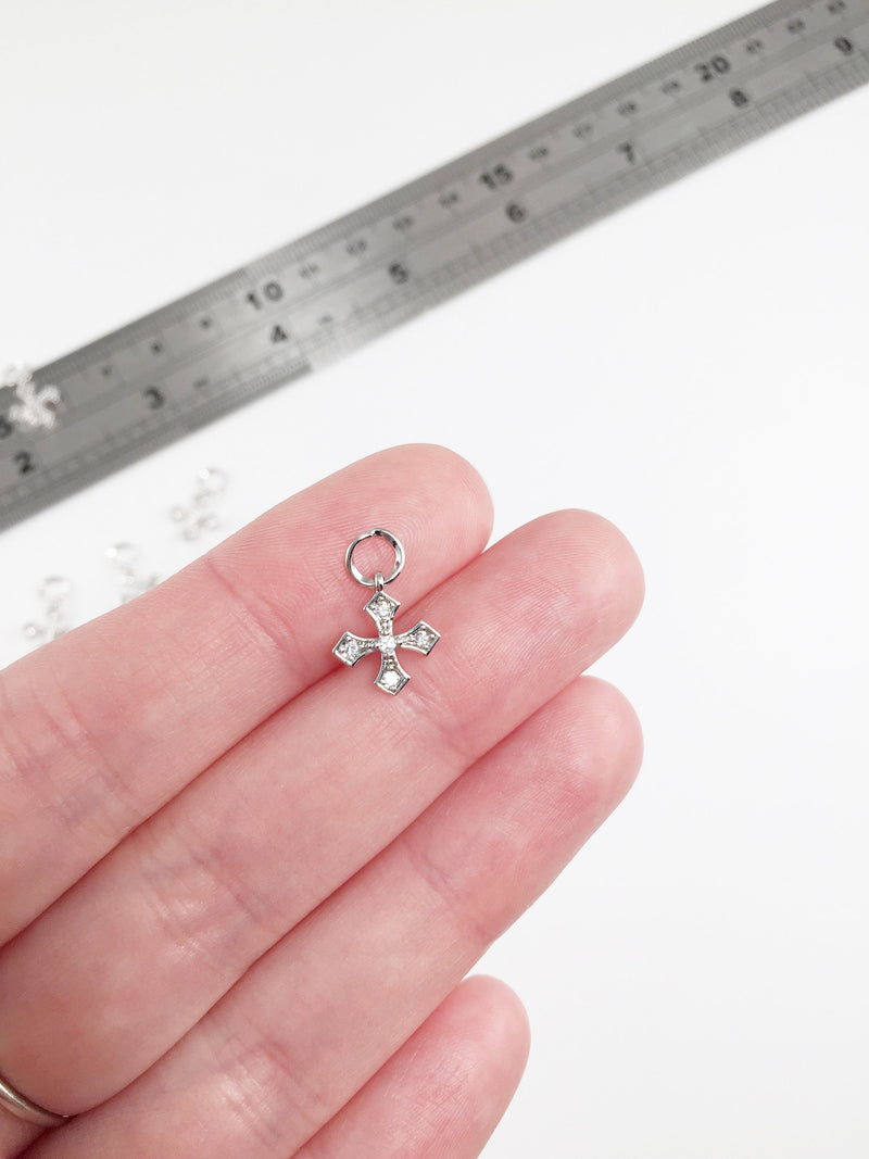 1 x Tiny Platinum Plated Cross Charm with Cubic Zirconia, 11x10mm (0264)