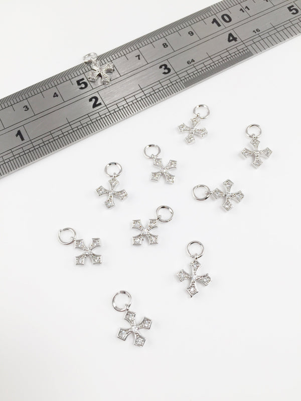 1 x Tiny Platinum Plated Cross Charm with Cubic Zirconia, 11x10mm (0264)