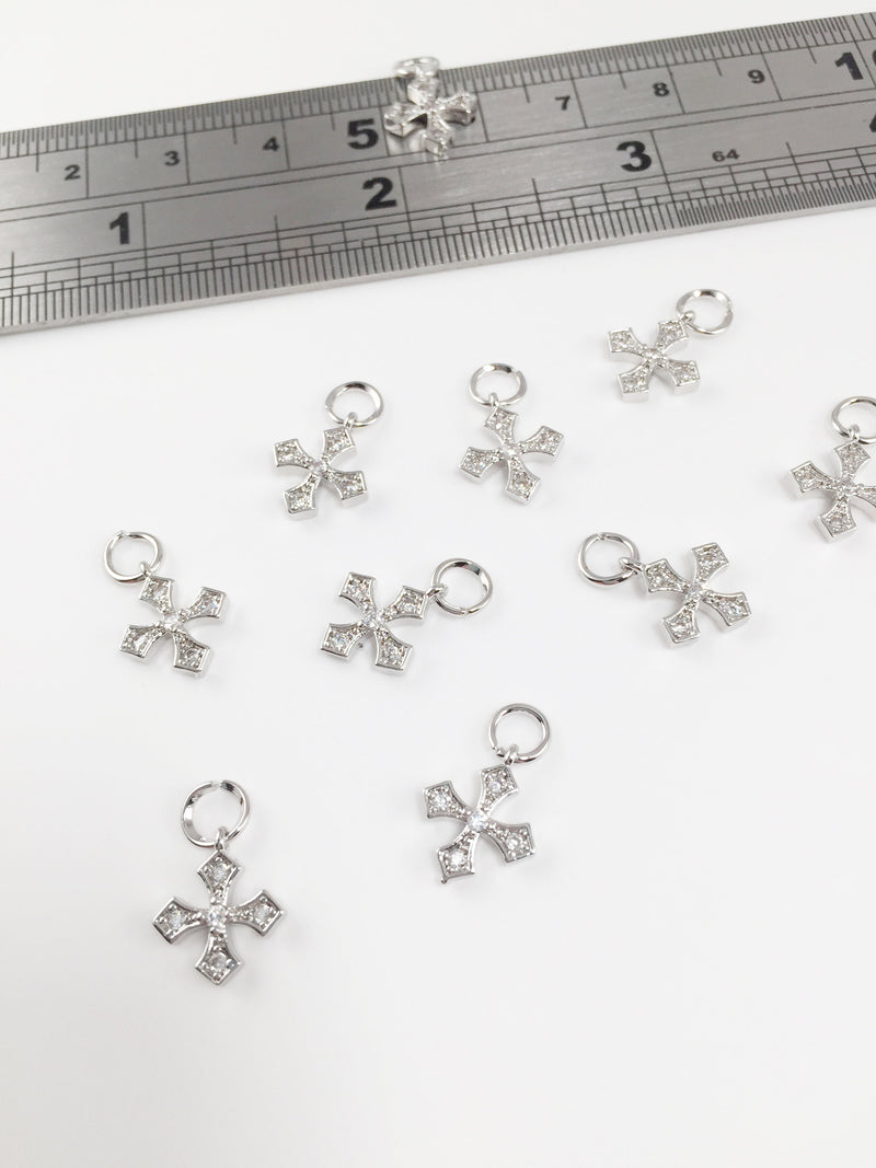 1 x Tiny Platinum Plated Cross Charm with Cubic Zirconia, 11x10mm (0264)