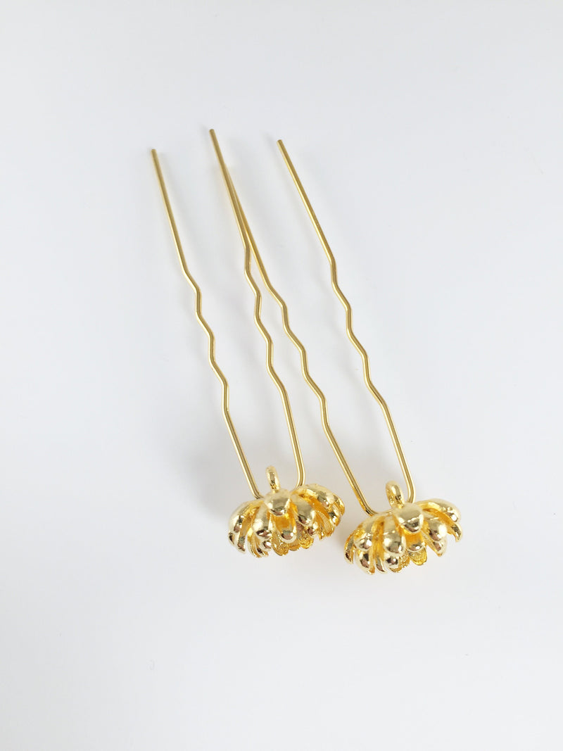 2 x Bright Gold Plated Flower Bobby Pins, 80mm (3350)