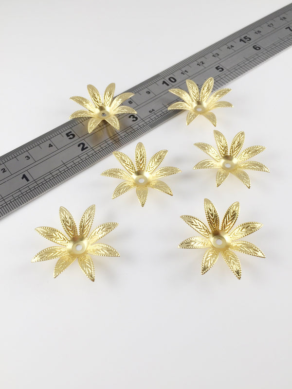 4 x Satin Gold Flower Beads, 30mm Embossed Petal Flowers