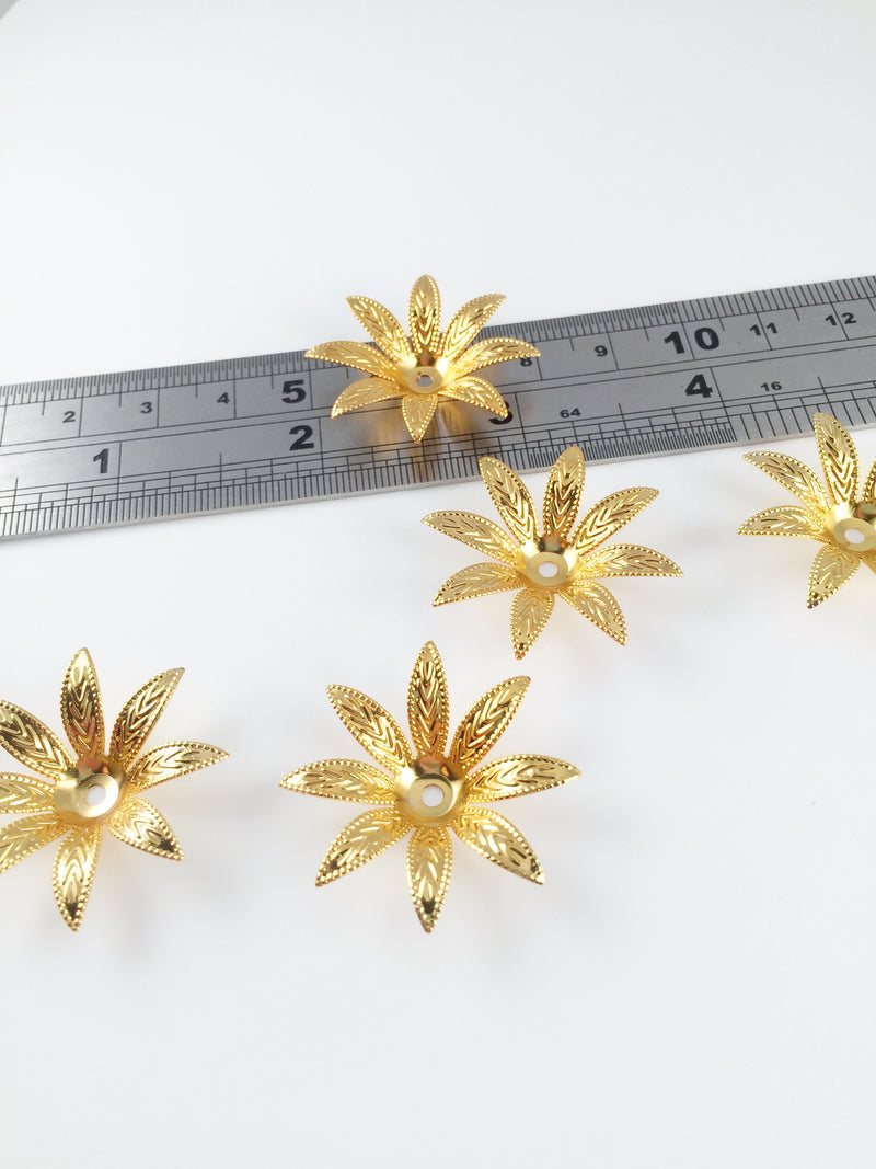 4 x Gold Plated Embossed Pointed Petal Flower Beads, 30mm