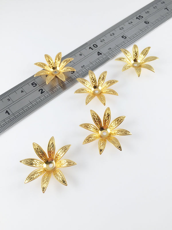 4 x Gold Plated Embossed Pointed Petal Flower Beads, 30mm