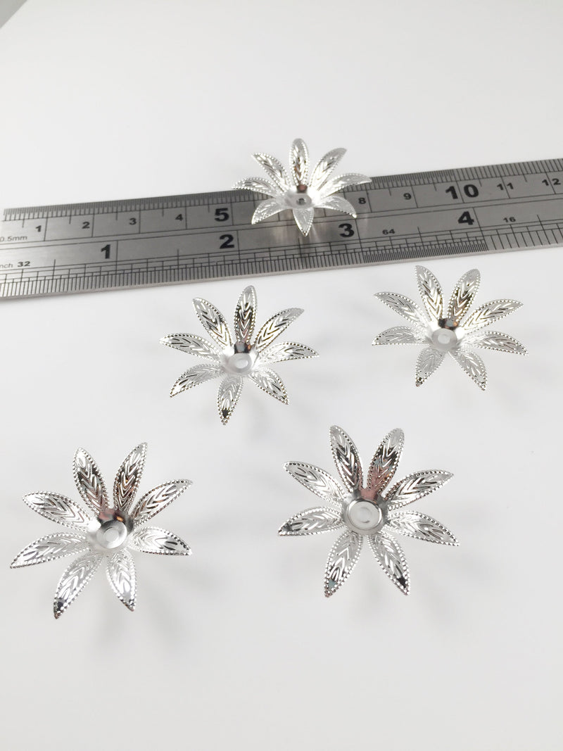 4 x Silver Flower Beads with Embossed Pointed Petals, 30mm