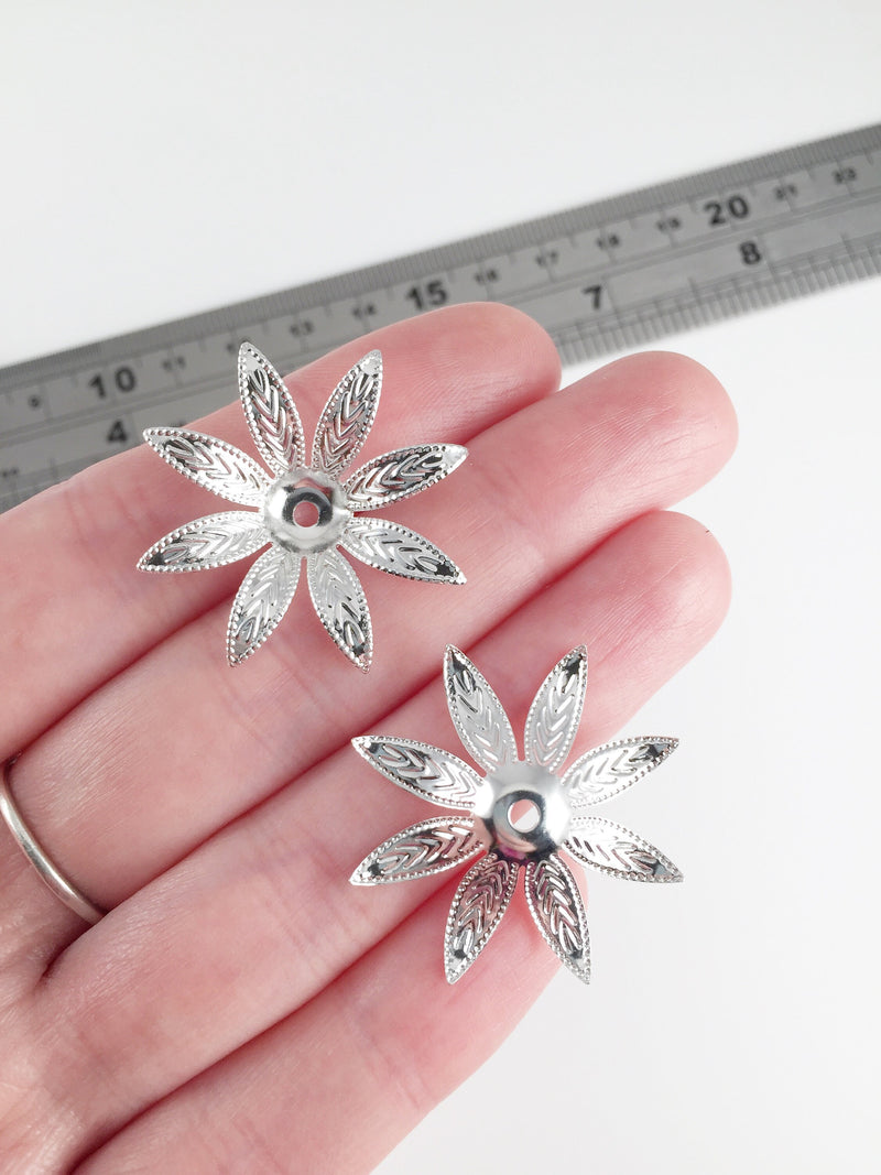 4 x Silver Flower Beads with Embossed Pointed Petals, 30mm