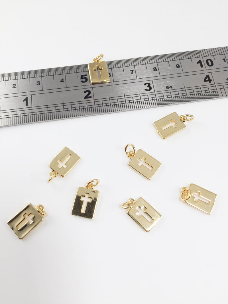 1 x 18K Gold Plated Cross Charm, 12.5x8mm Cut-out Cross Rectangular Pendants (0239)