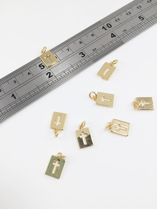 1 x 18K Gold Plated Cross Charm, 12.5x8mm Cut-out Cross Rectangular Pendants (0239)