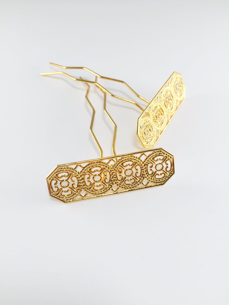 2 x Gold Filigreee Bright Gold Hair Pin Base, 73mm