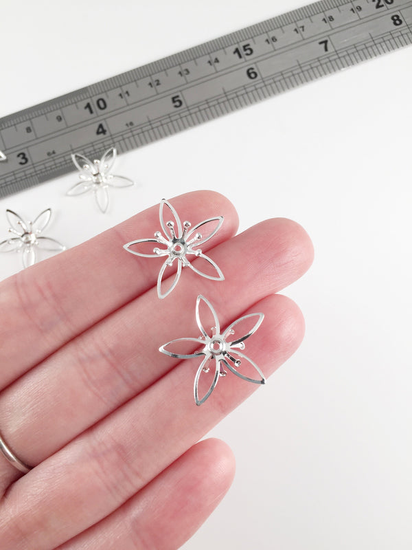 6 x Silver Flower Beads Openwork Flower Bead Caps  Silver Filigree Flower Beads Pointed Petal Flowers