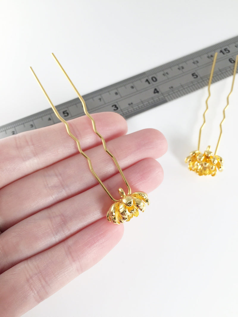 2 x Bright Gold Plated Flower Bobby Pins, 80mm (3350)