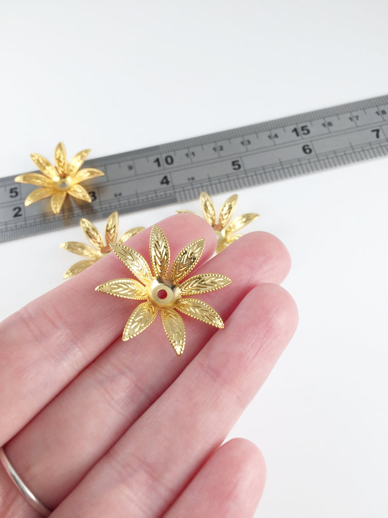 4 x Gold Plated Embossed Pointed Petal Flower Beads, 30mm