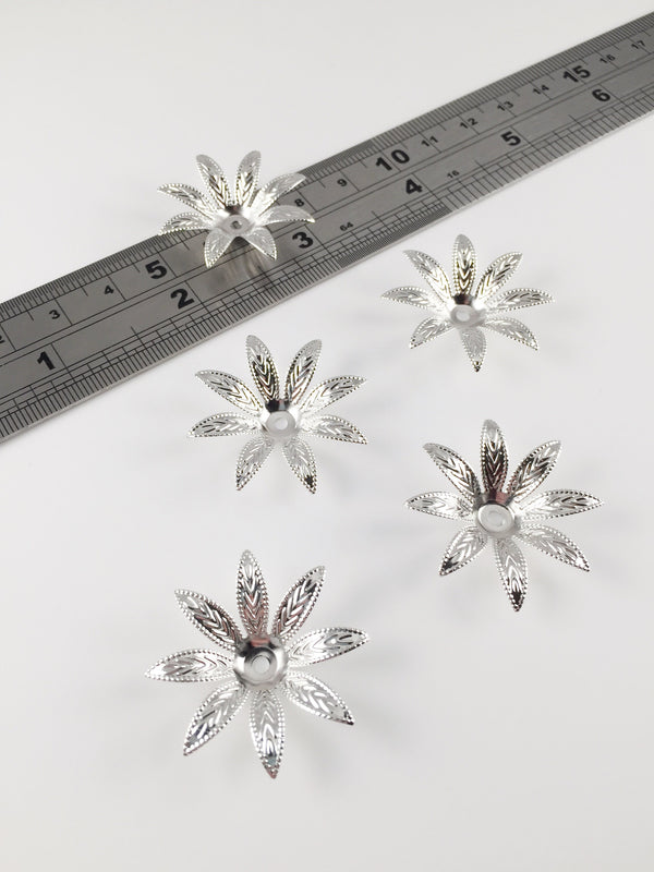 4 x Silver Flower Beads with Embossed Pointed Petals, 30mm