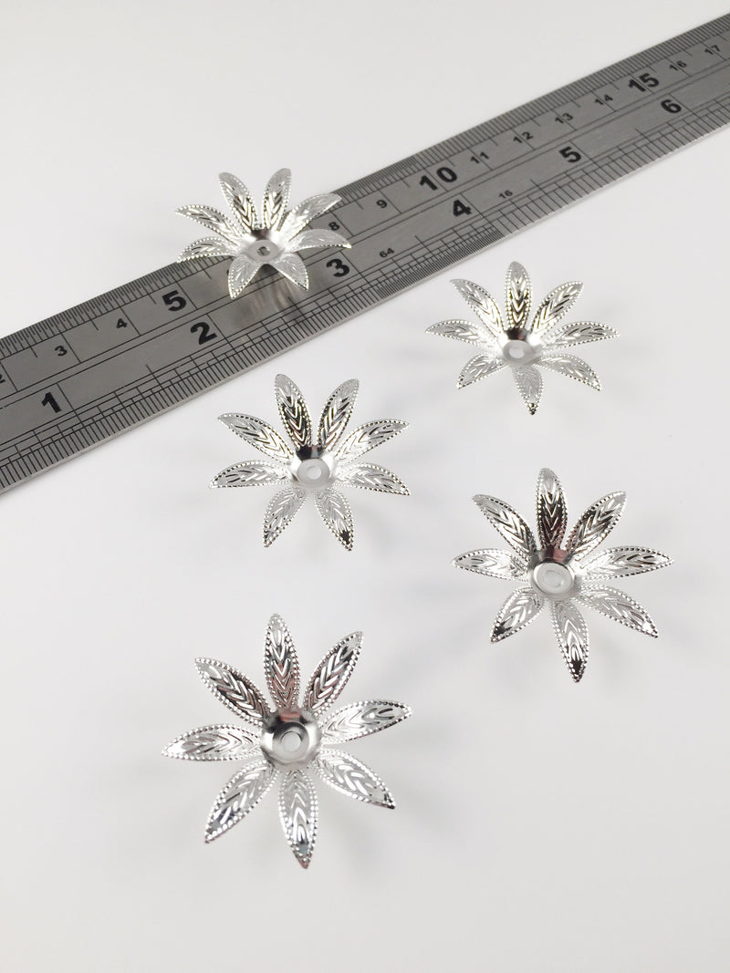 4 x Silver Flower Beads with Embossed Pointed Petals, 30mm