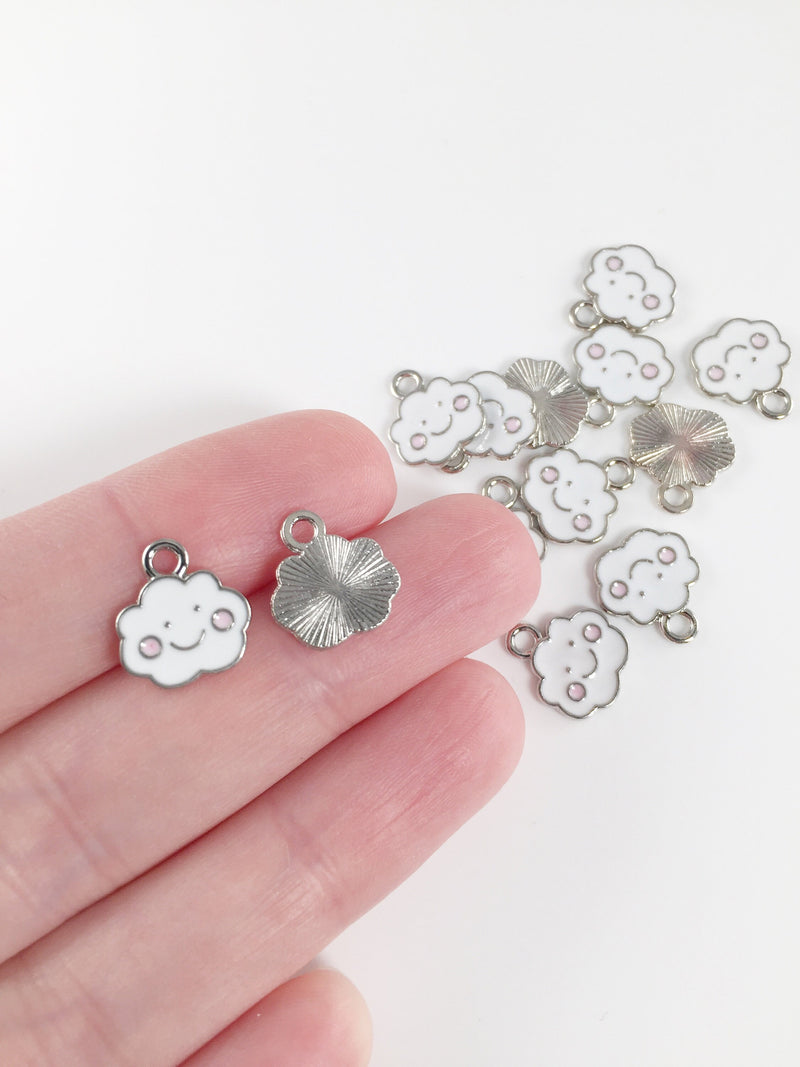 10 x Silver Happy Cloud Charms with White Enamel, 11.5x13mm (2179)