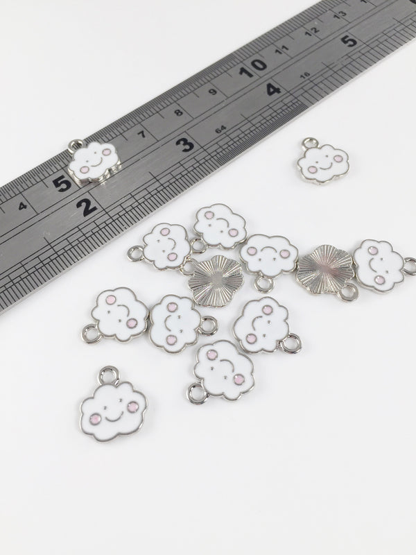 10 x Silver Happy Cloud Charms with White Enamel, 11.5x13mm (2179)